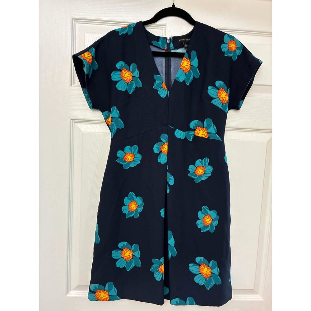 Banana Republic 2 Navy Teal Orange Floral Sheath Dress V Neck Cap Sleeve